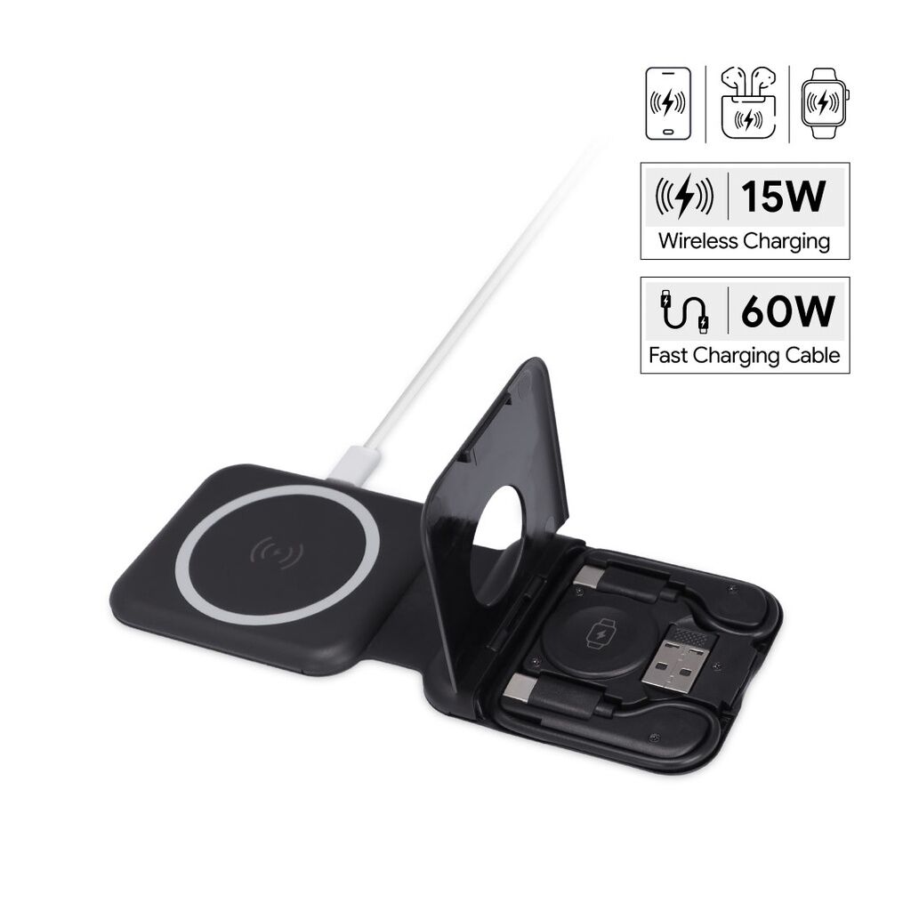 TURIN - @memorii Foldable 2-in-1 Wireless Charger and Multicable Set - Black